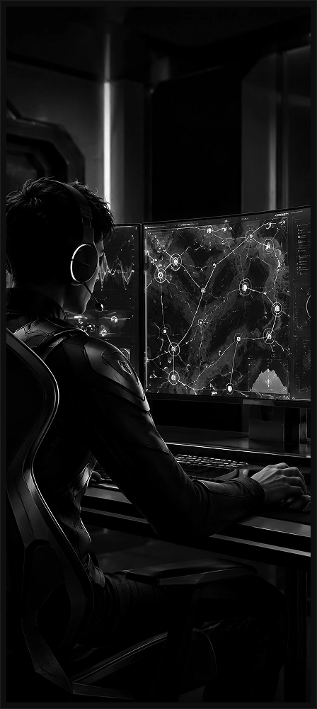 Giocatore futuristico al computer mentre analizza una mappa strategica e dati di gioco su più schermi